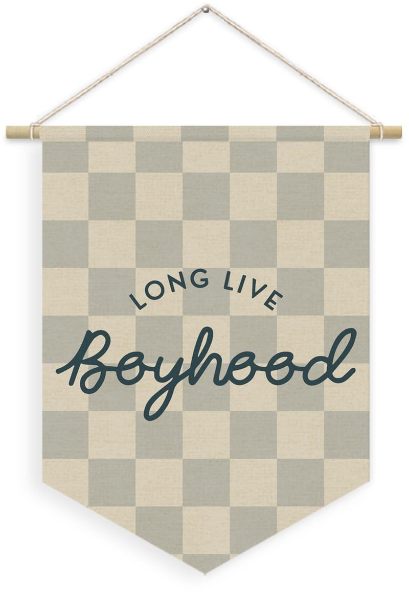 XYDEG Boys Room Decor, Long Live Boyhood Boy Nursery Linen Canvas Banner, Grey Checkered Wall Hanging Pennant Flag Banner for Boys Nursery Kids Toddler Room Bedroom Playroom Decor, 15x11in - Image 1