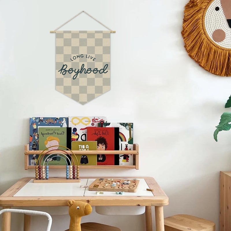XYDEG Boys Room Decor, Long Live Boyhood Boy Nursery Linen Canvas Banner, Grey Checkered Wall Hanging Pennant Flag Banner for Boys Nursery Kids Toddler Room Bedroom Playroom Decor, 15x11in - Image 3