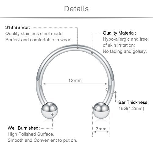 SCERRING 8PCS 16G Stainless Steel Nose Septum Horseshoe Earring Eyebrow Septum Lip Helix Tragus Cartilage Piercing Ring 6mm,8mm,10mm,12mm - Silver - Image 2