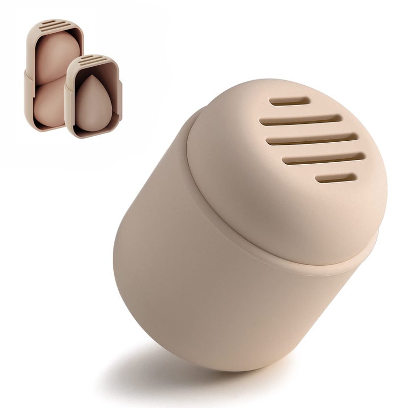 BEZOX Makeup Sponge Holder, Silicone Beauty Sponge Case with Double-Sided Vent Design for Quick Drying, Compact Travel Essentials Make Up Puff Blender Container - Khaki - Image 1