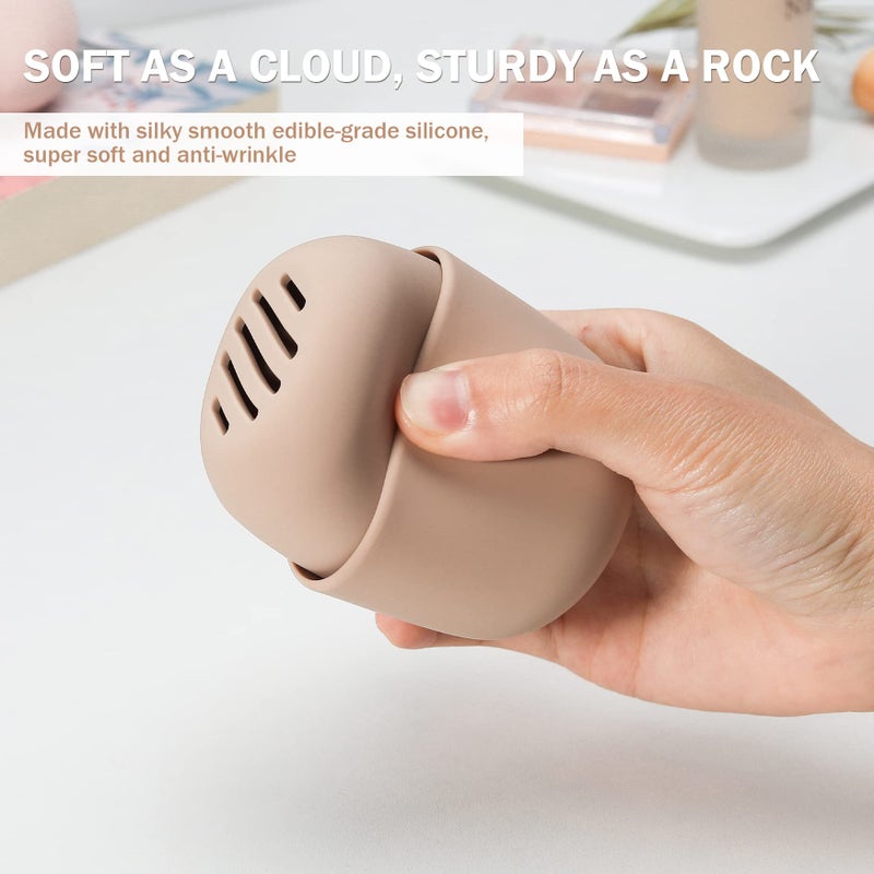 BEZOX Makeup Sponge Holder, Silicone Beauty Sponge Case with Double-Sided Vent Design for Quick Drying, Compact Travel Essentials Make Up Puff Blender Container - Khaki - Image 4