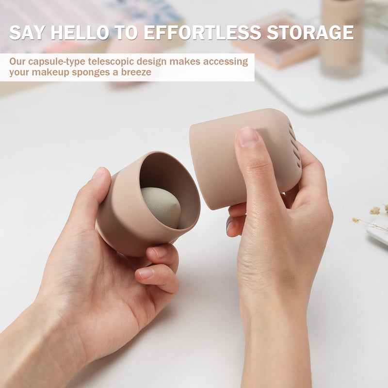 BEZOX Makeup Sponge Holder, Silicone Beauty Sponge Case with Double-Sided Vent Design for Quick Drying, Compact Travel Essentials Make Up Puff Blender Container - Khaki - Image 3