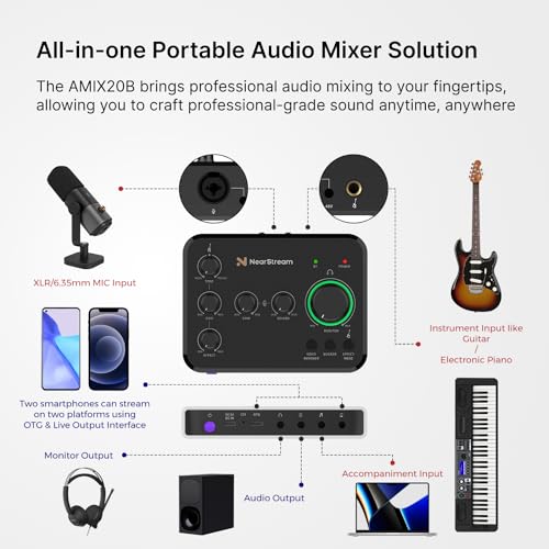 NearStream Audio Interface for Recording, Streaming, Podcasting, Rechargeable Audio Mixer with Pro-preamp, 8 Channel, XLR, 48V Phantom Power, Line & DI Inputs, Bluetooth, for PC & Smartphone (AMIX20B) - Image 2