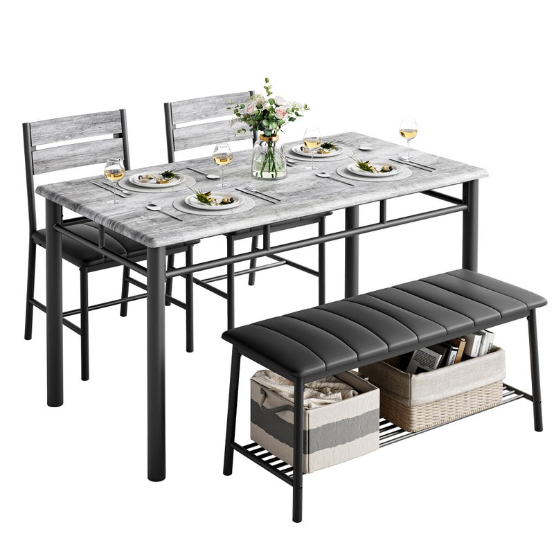 IRONCK Dining Table Set for 4 Kitchen Table with Upholstered Bench and 2 Chairs Kitchen Table and Chairs Set for Small Space Apartment Gray