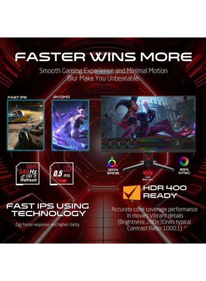 GAMEON 27 Inch QHD Gaming Monitor 2560x1440 Fast IPS 240Hz Overclock 0.5ms MPRT HDR400 FreeSync G-Sync Compatible HDMI 2.1 DisplayPort PC & Console Ready Black black - Image 4