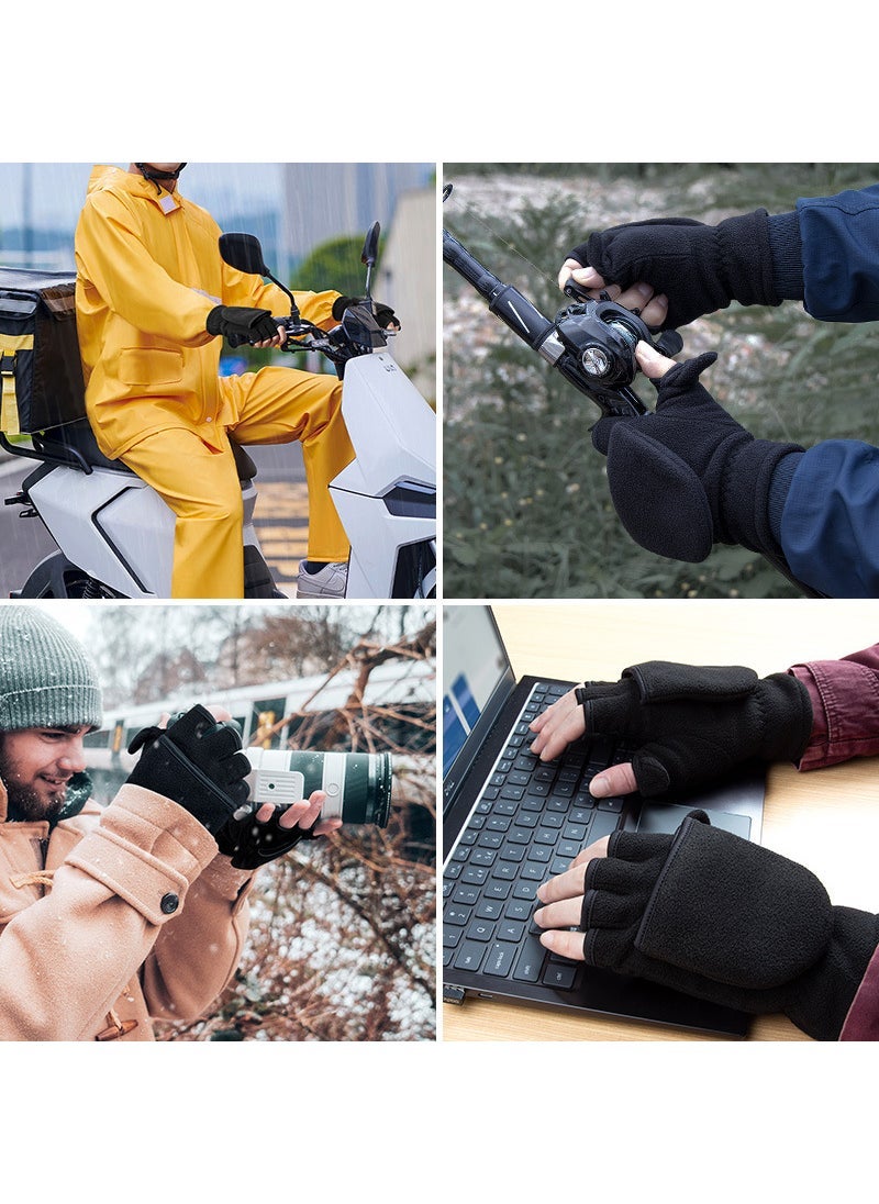 Warm Fingerless Flip Gloves Unisex Black  - Image 2