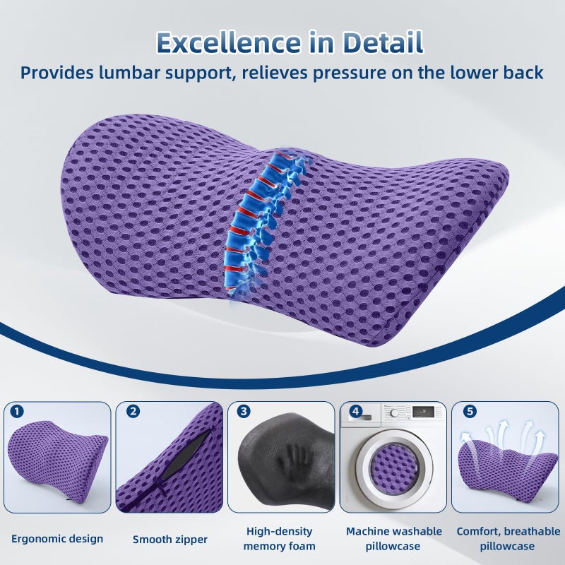 Memory Foam Lumbar Support Pillow for Office Chair, Car Seat, and Travel, Breathable Ergonomic Back Pillow with 4D Mesh Cover - Image 2