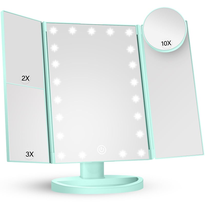 HUONUL Makeup Mirror Vanity with Lights 2X 3X 10X Magnification Lighted Mirror Touch Control Trifold Dual Power Supply Portable LED Women Gift Green