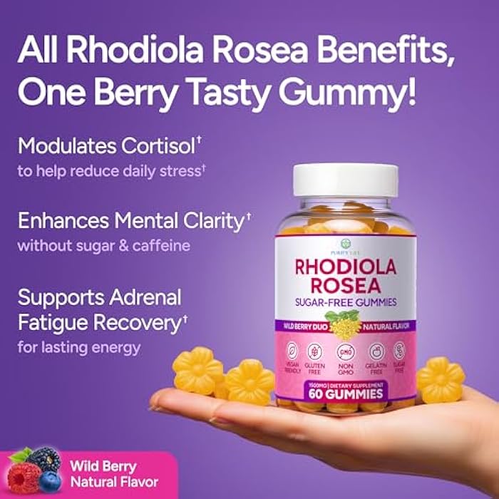 Purify Life Sugar-Free Rhodiola Rosea Gummies (1500mg/Serving) Cortisol Detox & Adrenal Support Rhodiola Rosea Supplement for Mood, Stamina & Performance, Motivation, Non-GMO, 60 Vegan Chews - Image 3