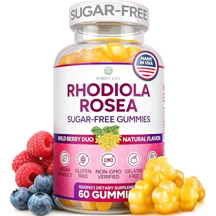 Purify Life Sugar-Free Rhodiola Rosea Gummies (1500mg/Serving) Cortisol Detox & Adrenal Support Rhodiola Rosea Supplement for Mood, Stamina & Performance, Motivation, Non-GMO, 60 Vegan Chews - Image 1