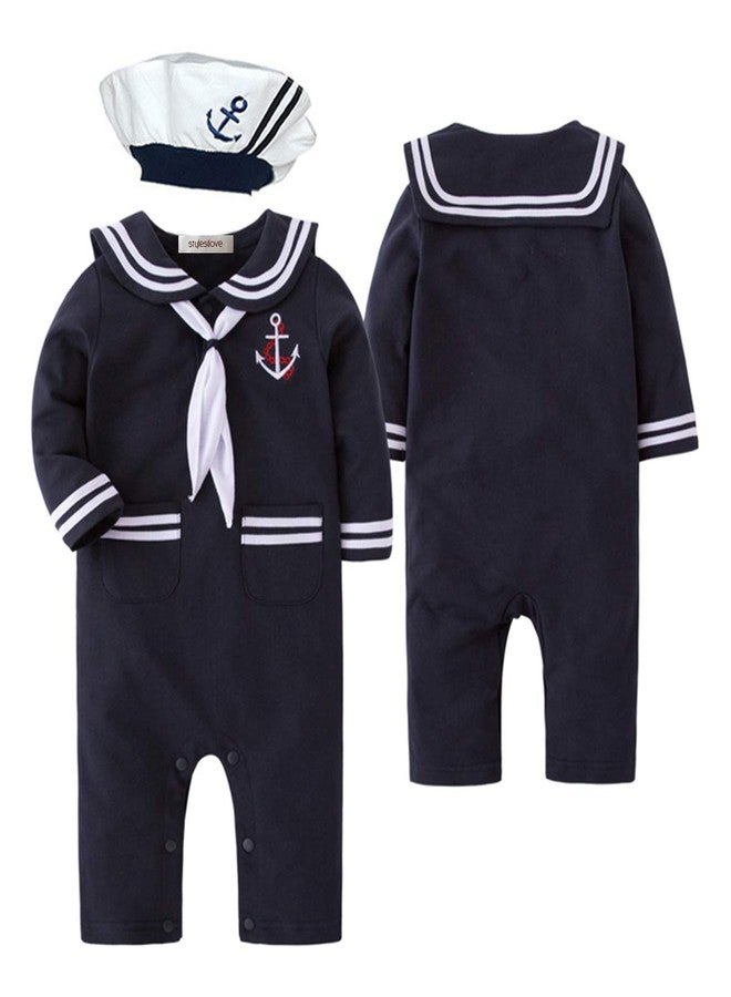 stylesilove Baby Boy Marine Sailor Romper Onesie Set with Hat & Necktie - 3-Piece Holiday Outfit Cotton (Navy Blue - Long Sleeve, 12-18 Months) - Image 1