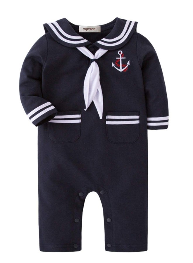 stylesilove Baby Boy Marine Sailor Romper Onesie Set with Hat & Necktie - 3-Piece Holiday Outfit Cotton (Navy Blue - Long Sleeve, 12-18 Months) - Image 2