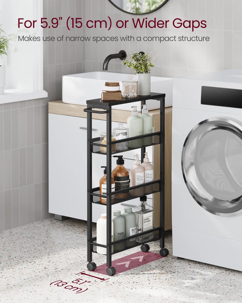 VASAGLE Slim Rolling Cart, 4-Tier Storage Cart, Narrow Cart with Handle, 5.1 Inches Deep, Metal Frame, for Kitchen, Dining Room, Living Room, Home Office, Ebony Black and Classic Black ULRC032B04 - Image 3