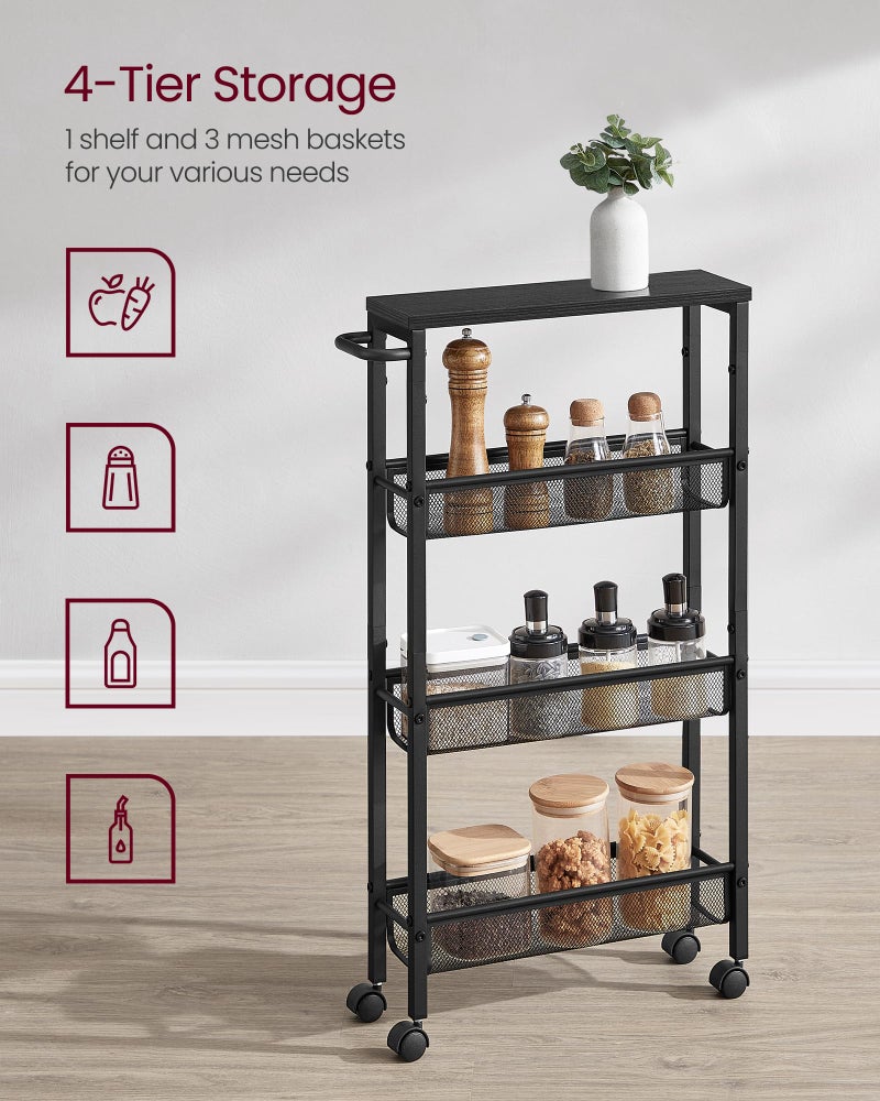 VASAGLE Slim Rolling Cart, 4-Tier Storage Cart, Narrow Cart with Handle, 5.1 Inches Deep, Metal Frame, for Kitchen, Dining Room, Living Room, Home Office, Ebony Black and Classic Black ULRC032B04 - Image 4