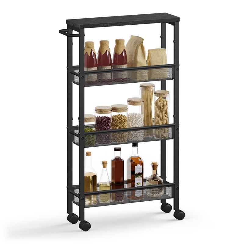 VASAGLE Slim Rolling Cart, 4-Tier Storage Cart, Narrow Cart with Handle, 5.1 Inches Deep, Metal Frame, for Kitchen, Dining Room, Living Room, Home Office, Ebony Black and Classic Black ULRC032B04 - Image 1