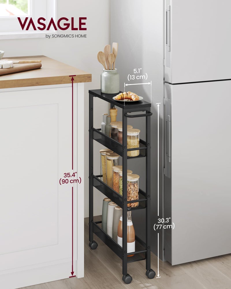 VASAGLE Slim Rolling Cart, 4-Tier Storage Cart, Narrow Cart with Handle, 5.1 Inches Deep, Metal Frame, for Kitchen, Dining Room, Living Room, Home Office, Ebony Black and Classic Black ULRC032B04 - Image 2