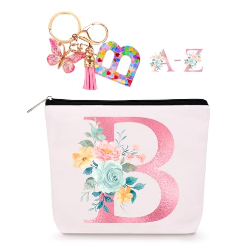 Lingdeer Personalized Makeup Bag with Initial Keychain, Custom Initial Monogram Small Travel Cosmetic Toiletry Bag, Birthday Gifts for Women Bridesmaid Teacher (B) - Image 1