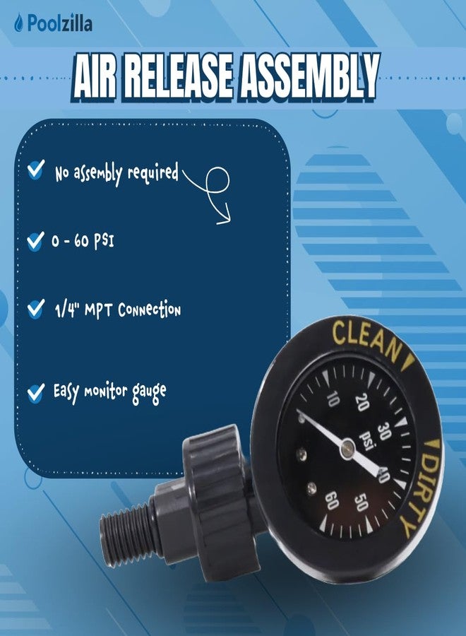 Poolzilla Air Gauge Release Valve Assembly, 0-60 PSI Air Release Compatible with R0357200, and Zodiac Jandy Pool and Spa Filters DEV/DEL Series, CL/CV Series, and JS Series Filters - Image 2