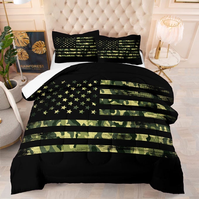 AMERICAN FLAG COMFORTER BEDDING SET FULL FOR BOYS TEENS3D CAMOUFLAGE AMERICAN FLAG PATTERN BEDDING SETBLACK COMFORTER SETSOFT MICROFIBER QUILT WITH MATCHING PILLOWCASES5032