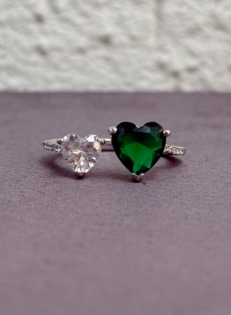 Al Kasr Jewelry Heart Duo Ring - Adjustable - Sterling Silver 925 with Green and White Zircon Stones - Plated Rhodium White Gold 18K - Image 1