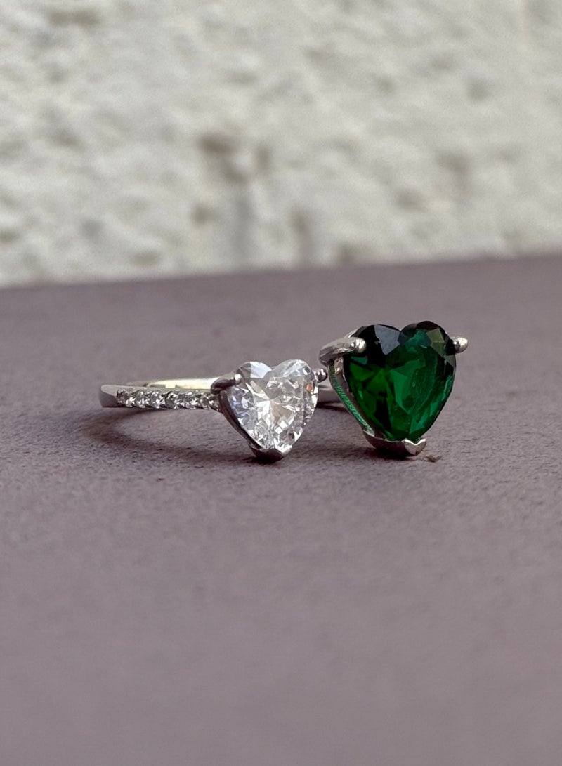 Al Kasr Jewelry Heart Duo Ring - Adjustable - Sterling Silver 925 with Green and White Zircon Stones - Plated Rhodium White Gold 18K - Image 2