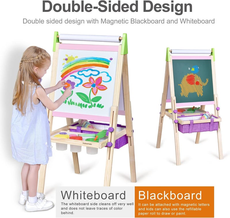 KRAND Space saving design picks Wooden Art Easel for Kids with All-in-One Art Supplies Package Easel Set with Double Sided Chalkboard & Whiteboard for Toddlers 2-4 4-8 Years Old Girls Gift (Adjustable,P&V) Flexible varied design - Image 3