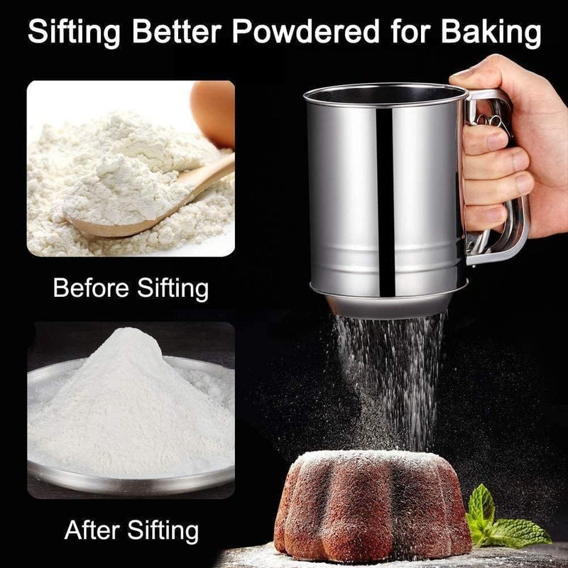 Niralasa Niralasa Baking Stainless Steel Shaker Sieve Cup Manual Flour Sifter with Measuring Scale Mark for Flour Icing Sugar Atta Shifter - Image 2