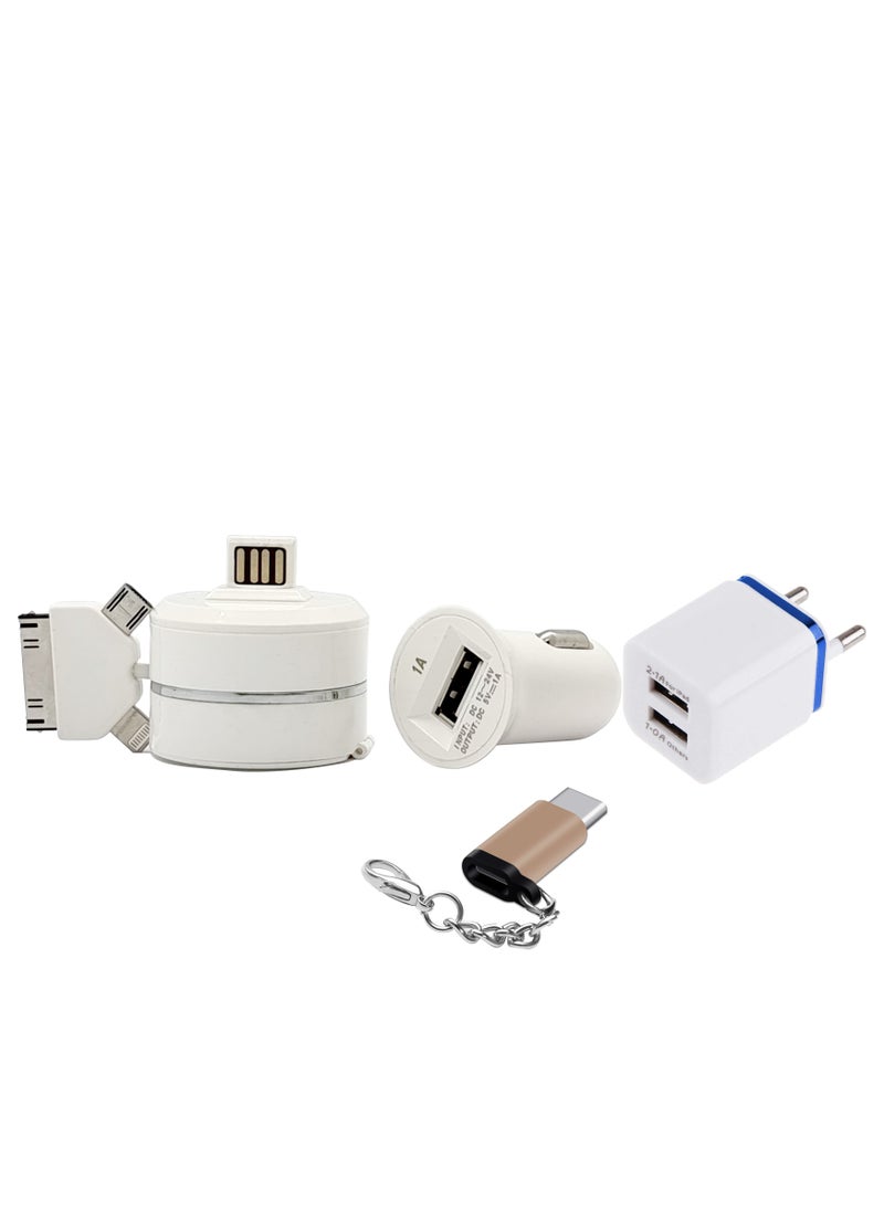Generic - Smart Car Charger with Built-in Cable Lightning, 30-Pin Micro USB Plus Type-C for iPhone, iPad and Android with 2 USB Power Adapter EU Plug - Image 1