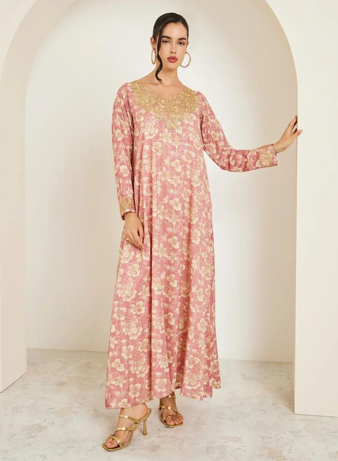 Women Pink Embroidered Floral Print Mukhawar Jalabiya