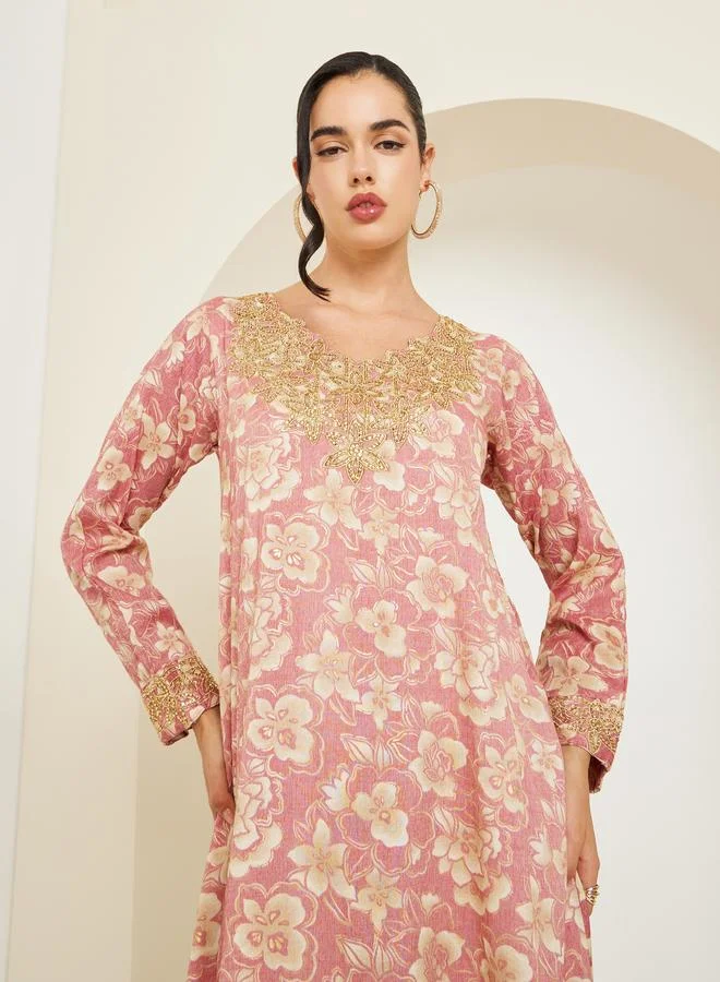 Amirah  Women Pink Embroidered Floral Print Mukhawar Jalabiya for Women | Best Price UAE