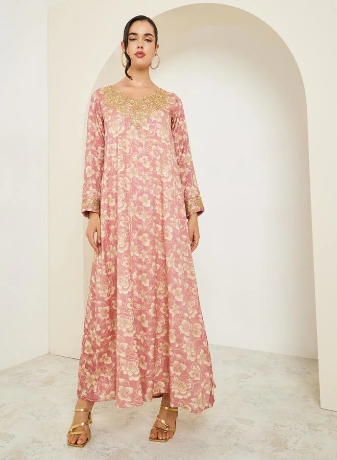 Amirah  Women Pink Embroidered Floral Print Mukhawar Jalabiya for Women | Best Price UAE
