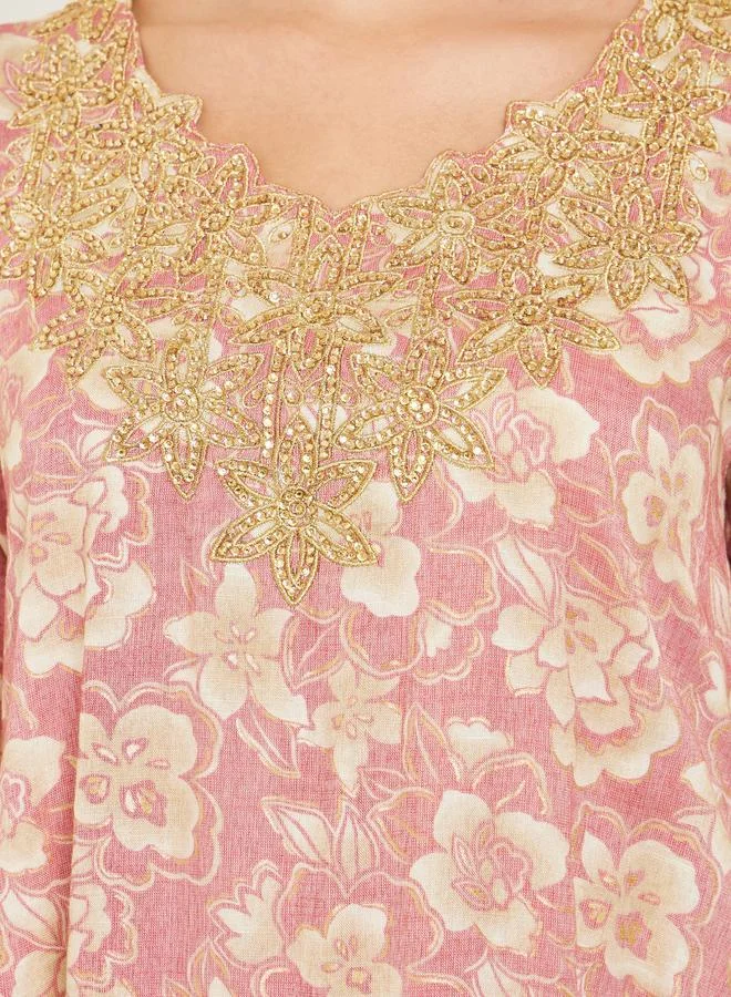 Amirah  Women Pink Embroidered Floral Print Mukhawar Jalabiya for Women | Best Price UAE