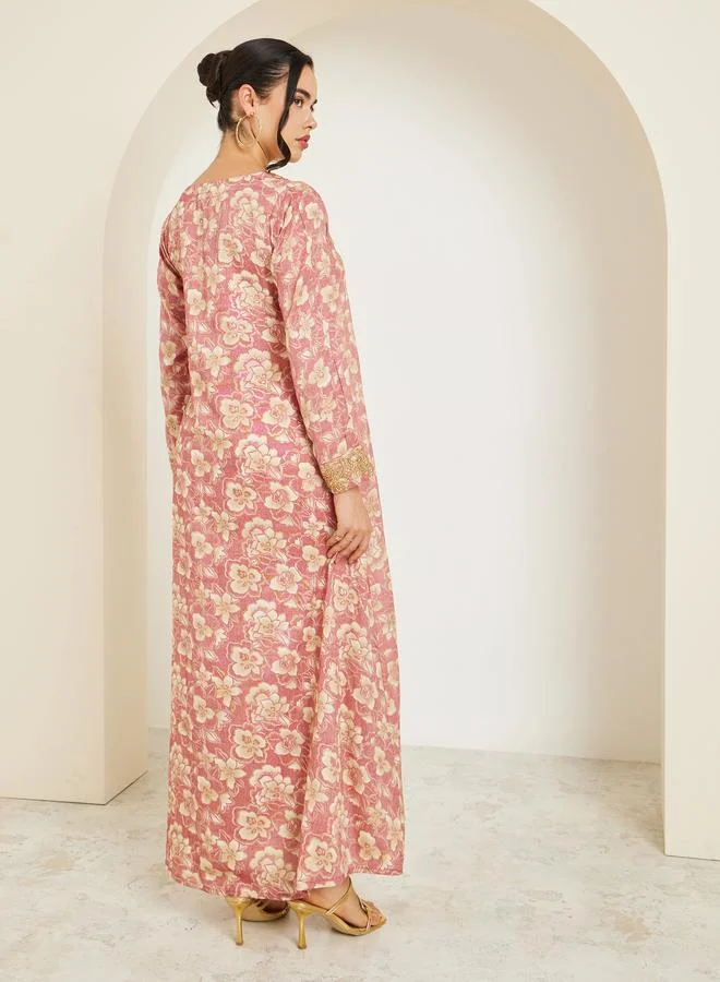 Amirah  Women Pink Embroidered Floral Print Mukhawar Jalabiya for Women | Best Price UAE