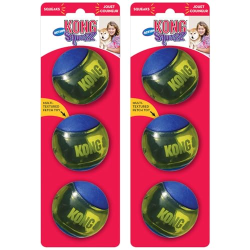 KONG Squeezz Action Ball Dog Toy Durable Bouncy Ball with Builtin Squeaker Great for Fetch Chewers Stimulates Play Exercise Blue Medium 6 Pack - Image 1