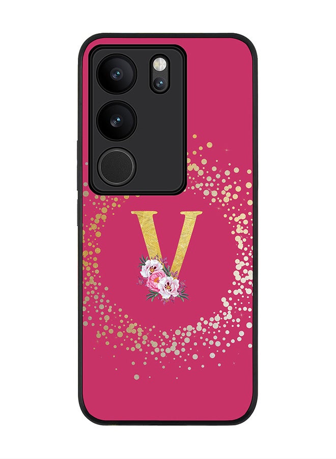 Stylizedd Rugged Black Edge case for Vivo V29 /Vivo V29 Pro /Vivo S17, Slim fit Soft Case Custom Monogram Initial Letter Floral Pattern Alphabet -V (Dark Pink Rose) - Image 1