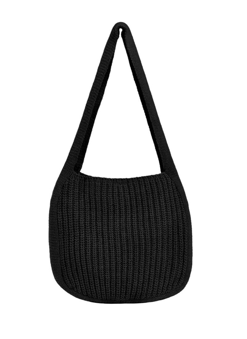 SYOSI - Crochet Tote Bag Womens Shoulder Handbag Plush Knitting Satchel Large Shopping Bag for School Work Shopping Weekend Getaways Travel Black - Image 1
