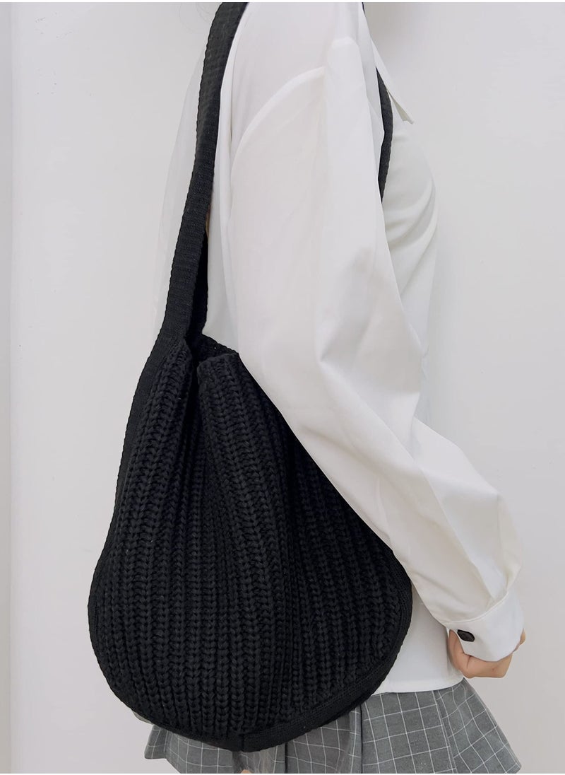 SYOSI - Crochet Tote Bag Womens Shoulder Handbag Plush Knitting Satchel Large Shopping Bag for School Work Shopping Weekend Getaways Travel Black - Image 1