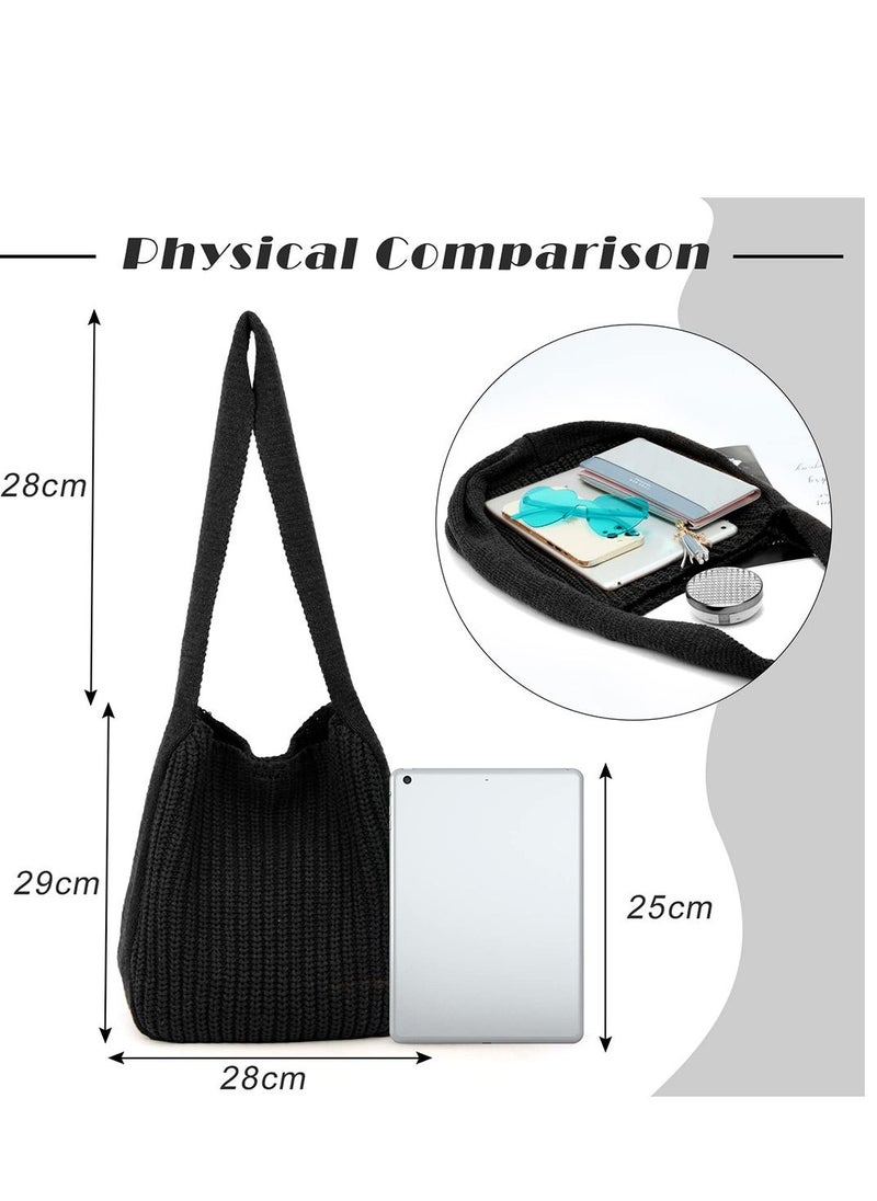 SYOSI - Crochet Tote Bag Womens Shoulder Handbag Plush Knitting Satchel Large Shopping Bag for School Work Shopping Weekend Getaways Travel Black - Image 1