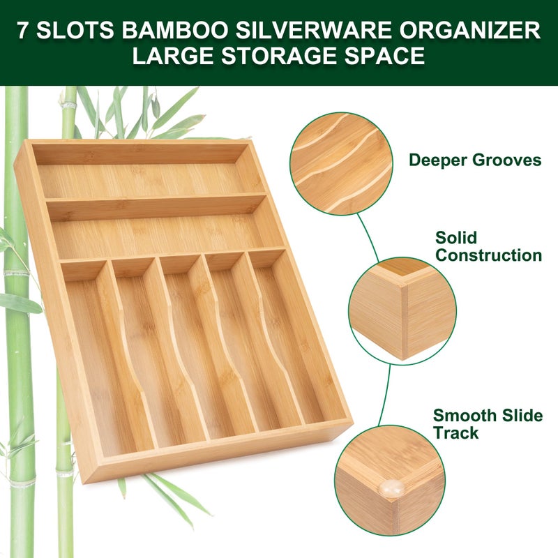 Bellsal Natural Utensil Organizer 12.5 Inch Silverware Organizer for Drawer Utensil Holder Cutlery Organizer Kitchen Drawer Organizer 7 Compartment Small Narrow Bamboo - Image 4