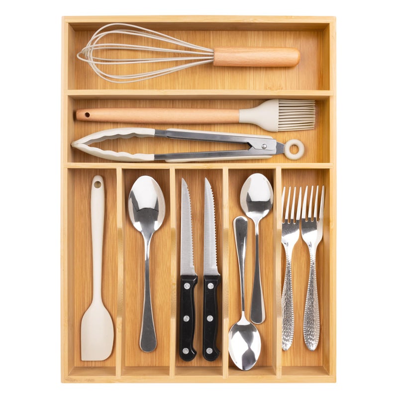 Bellsal Natural Utensil Organizer 12.5 Inch Silverware Organizer for Drawer Utensil Holder Cutlery Organizer Kitchen Drawer Organizer 7 Compartment Small Narrow Bamboo - Image 1