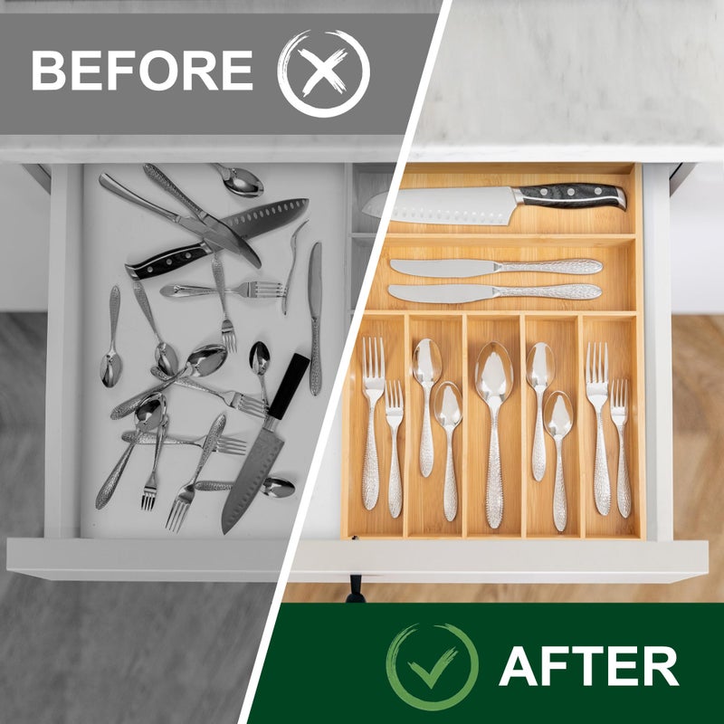 Bellsal Natural Utensil Organizer 12.5 Inch Silverware Organizer for Drawer Utensil Holder Cutlery Organizer Kitchen Drawer Organizer 7 Compartment Small Narrow Bamboo - Image 5