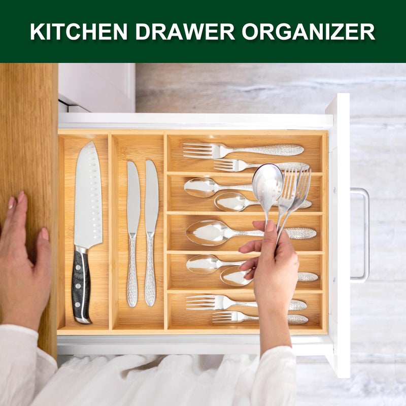 Bellsal Natural Utensil Organizer 12.5 Inch Silverware Organizer for Drawer Utensil Holder Cutlery Organizer Kitchen Drawer Organizer 7 Compartment Small Narrow Bamboo - Image 2