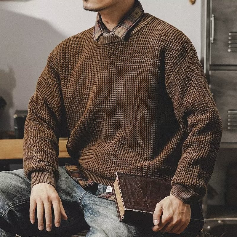 Mens Vintage Heavyweight Washed Sweater Winter Thickened Casual Knitwear Black