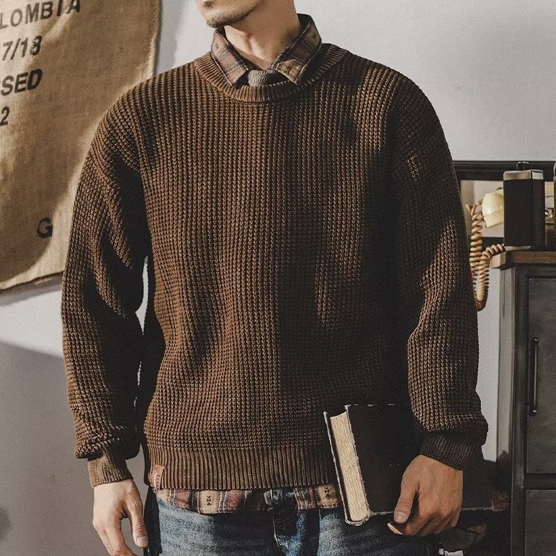 Mens Vintage Heavyweight Washed Sweater Winter Thickened Casual Knitwear Black