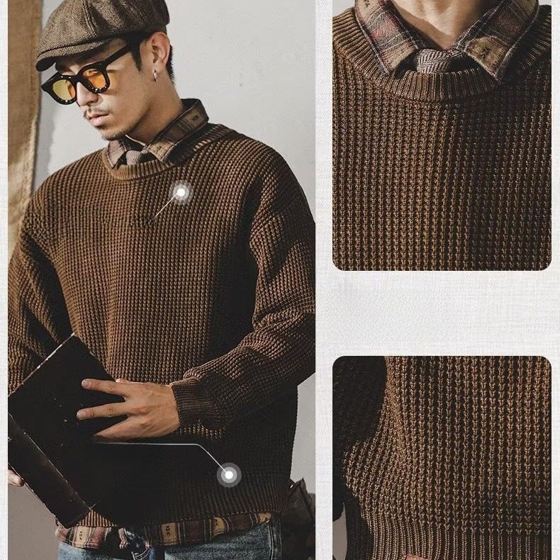 Mens Vintage Heavyweight Washed Sweater Winter Thickened Casual Knitwear Black