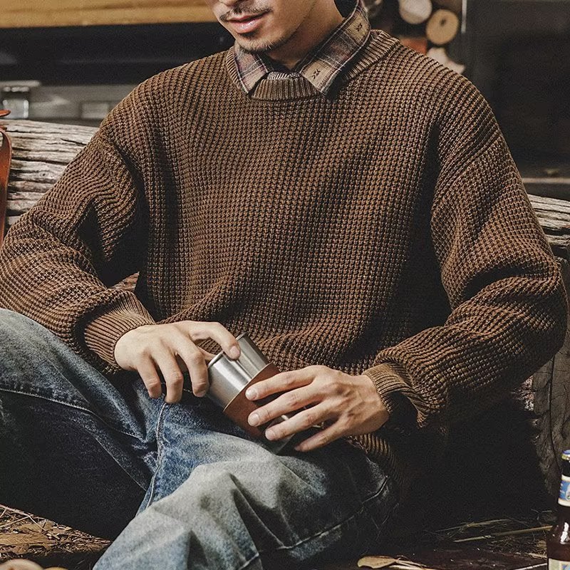 Mens Vintage Heavyweight Washed Sweater Winter Thickened Casual Knitwear Black