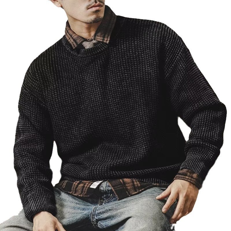 Mens Vintage Heavyweight Washed Sweater Winter Thickened Casual Knitwear Black