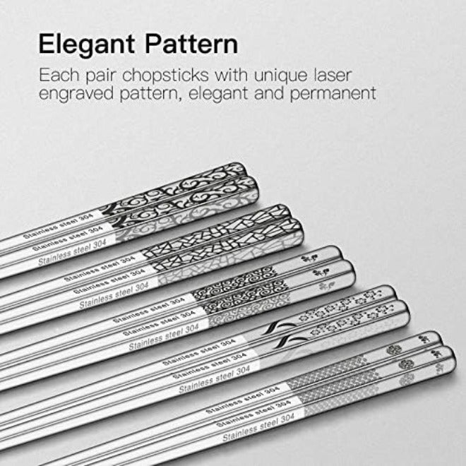 Metal Chopsticks Reusable 18/8 Stainless Steel Chopsticks Multipack Dishwasher Safe Chop Sticks Cute Laser Engraved Non-slip Japanese Korean Chopstick for Cooking Eating 9 1/4 Inches 5 Pairs Gift Set - Image 5