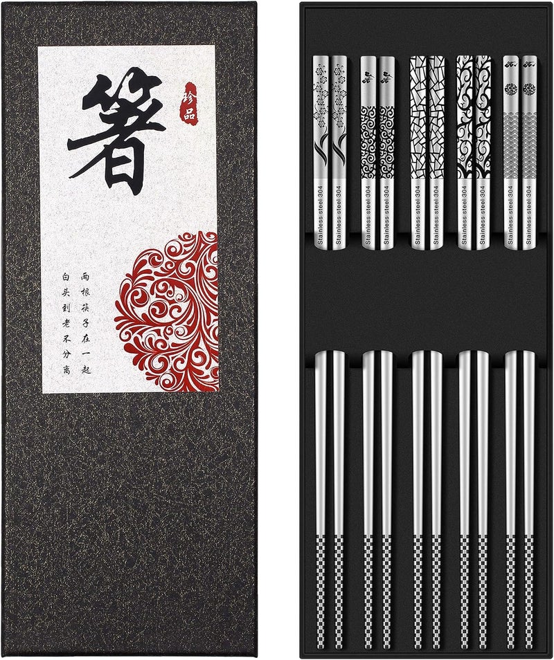 Metal Chopsticks Reusable 18/8 Stainless Steel Chopsticks Multipack Dishwasher Safe Chop Sticks Cute Laser Engraved Non-slip Japanese Korean Chopstick for Cooking Eating 9 1/4 Inches 5 Pairs Gift Set - Image 2