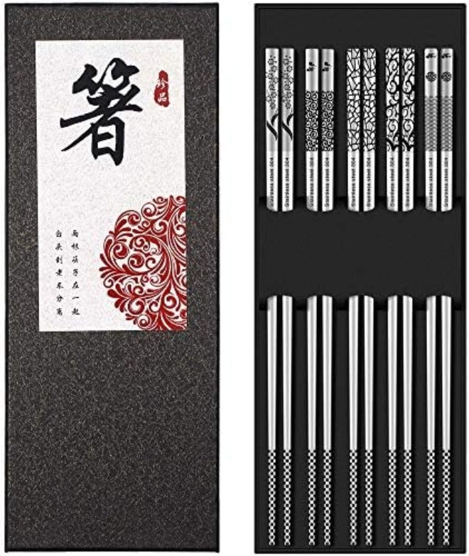 Metal Chopsticks Reusable 18/8 Stainless Steel Chopsticks Multipack Dishwasher Safe Chop Sticks Cute Laser Engraved Non-slip Japanese Korean Chopstick for Cooking Eating 9 1/4 Inches 5 Pairs Gift Set - Image 3